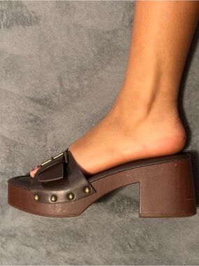 Primark Dark Brown Leather Buckle Platform Mule